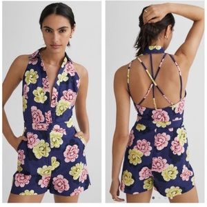 Retro Collared Romper in Blue Motif
